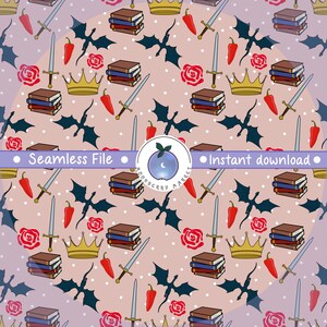 May include: A seamless pattern on a light purple background with white dots featuring illustrations of dark blue dragons, stacks of three books, gold crowns, red roses, silver swords, and red chili peppers. A central circular logo reads Moonberry Market.