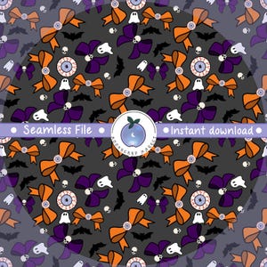 May include: A seamless digital pattern on a dark gray background featuring orange and purple bows, white ghosts, small skulls, black bats, and realistic eyeballs. A central circular logo displays a blue fruit with the text Moonberry Market.