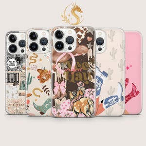May include: Five clear phone cases featuring Western-themed designs including a cowgirl on a horse, cowboy boots, cacti, a highland cow, and the text "Not My First Rodeo," "Howdy," "Yee Haw," and "Greetings from the West" in various colours.