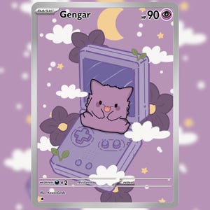 May include: A Gengar trading card featuring a purple handheld gaming console with a small purple creature sitting on it. The card displays the text Gengar, 90 HP, and Illus. KawaiiCards against a lavender background with white clouds and stars.