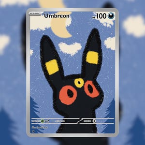 May include: A trading card featuring the character Umbreon with black fur, yellow ear markings, and red eyes. The background shows a night sky with a crescent moon and clouds. The card text includes Umbreon, 100 HP, and Illus. KawaiiCords.