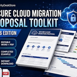 Könnte beinhalten: Ein digitales Toolkit mit dem Titel Secure Cloud Migration Proposal 2026 Edition, das mehrere Dokumentenseiten wie Zusammenfassung, Migrationsansatz und Zeitplan in Blau und Weiß mit Word- und PDF-Symbolen enthält.