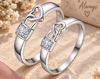 Matching Couple Rings, Heart-Link Crystal Engagement Set, Romantic Anniversary Gift