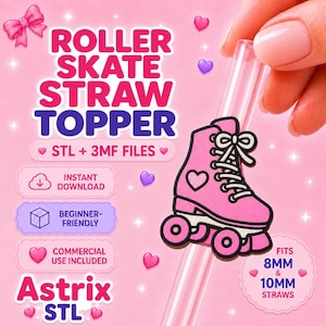 Op de afbeelding: Een roze rolschaats-rietjesdop met hartdetail, ontworpen voor rietjes van 8mm en 10mm. Het digitale bestand bevat STL- en 3MF-formaten, is beginnersvriendelijk en inclusief commercieel gebruik. De tekst luidt ROLLER SKATE STRAW TOPPER.