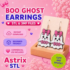 Örhängen STL & 3MF | Söta spökörhängen 3D-utskriftsfil | Spöklika Halloween-örhängen STL | Flickiga rosett-spöke-hängen
