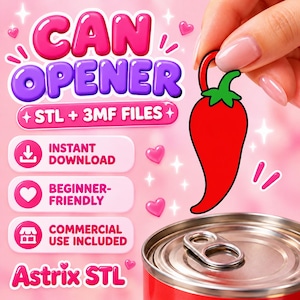 Puede incluir: Un archivo digital para un abrelatas con forma de chile. El gráfico muestra el texto CAN OPENER, STL + 3MF FILES, INSTANT DOWNLOAD, BEGINNER-FRIENDLY, COMMERCIAL USE INCLUDED y Astrix STL sobre un fondo rosa con corazones.