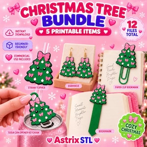 Könnte beinhalten: Ein digitales Set aus 5 druckbaren Weihnachtsbaum-Artikeln, darunter ein Strohhalm-Aufsatz, Ohrringe, eine Büroklammer als Lesezeichen, ein Dosenöffner-Schlüsselanhänger und ein Lesezeichen, jeweils mit einem lächelnden Gesicht.