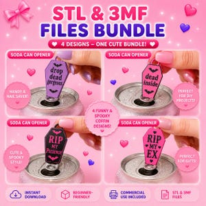 Puede incluir: Un paquete digital de cuatro abridores de latas con forma de ataúd en morado, rosa, negro y rosa brillante. Cada abridor presenta gráficos de murciélagos y los textos drop dead gorgeous, dead inside, RIP MY PATIENCE y RIP MY EX.