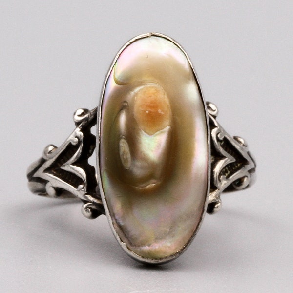 Art Deco Blistered Pearl Ring Size 6, Antique 1920s Oval Mother Of Pearl and Sterling Ring, Abalone Iridescent Ring Vintage Nautical Jewelry