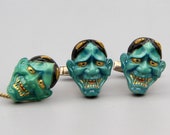 Vintage Japanese Toshikane Cufflinks, Japan Oni Demon Fugurine, Buddhism Prajna Ghost Mask, Porcelain And Sterling Cuff Links With Tie Clip