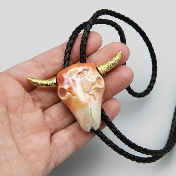 ZELDZAME vee koe schedel stropdas, goudkleurig metaal en iriserende emaille ketting, grote stierenkop bolo stropdas, ram stuur hoofd lariat ketting