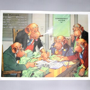 Politicians Corruption Mockery, Colorful Lithograph on Paper, Political Cartoon Print By Lloyd First Edition Monkey Business Stapco NY USA