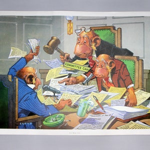 Political Cartoon Prints By Lloyd First Edition Monkey Business Stapco NY Litho in USA, Funny Humorist Caricature, Mid Century Home Decor