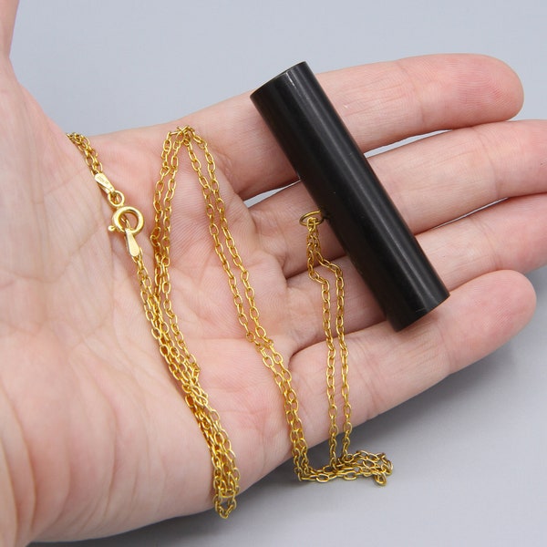 Black Bakelite Tube Pendant On 18K Gold Plated Chain Necklace, Long Cylinder Necklace, 1940s Bakelite Retro Mod Pendant, Minimalist Necklace
