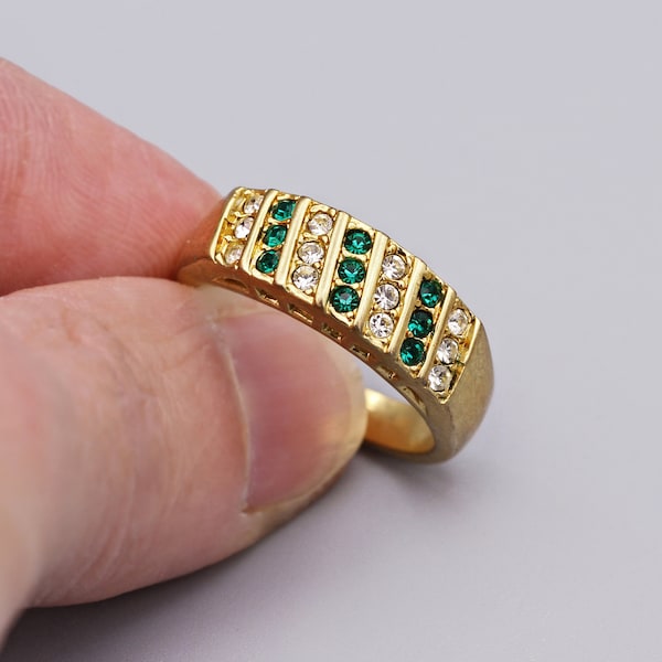 Cluster Cocktail Band Ring Size 7 To 8, Green And Clear Zirconia, Sparkling Stones Ring, Sterling Silver Gold Plated, 3 Row Stones Ring