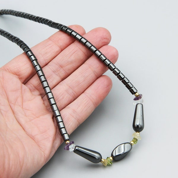 Hematite And Quartz Magnetic Beaded Necklace, Black Gemstone Metallic Beads Necklace, Vintage 1950s Hematite Jewelry, Minimalist Zen Jewelry