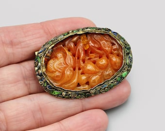 RARE Chinese Export Carved Carnelian Brooch, Antique 1900s Asian Jewelry, 925 Sterling Silver And Green Enamel, Floral Scroll Filigree Pin