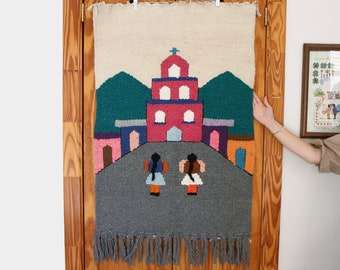 Vintage Handwoven Wool Tapestry, Children Church Scene, Southwestern Boho Decor
