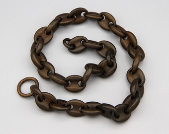 Brown Pressed Vulcanite Mariner Chain Necklace, Antique 1800s Victorian Period Mourning Jewelry, Ebonite Oval Links in One Strand Necklace