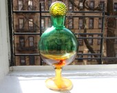 Tall Multi Color Glass Bottle With Stopper, Modernist Geometric Footed Apothecary Jar Urn, Vintage 80s Empoli Italy Decorative Glass Amphora