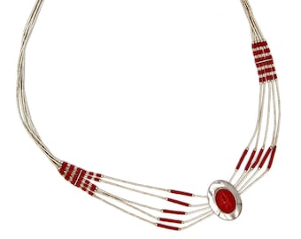 Red Coral Liquid Silver, 925 Sterling Silver, Navajo Concho Oval, Southwestern Necklace, Multi Strand Necklace, Vintage 80s Indian Jewelry