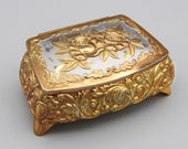 Victorian Revival Footed Trinket Box, Gold Metal Ornate Jewelry Box, Marked Foreign Floral Small Box, Baroque Hinged lid Box, Shabby Chic