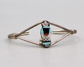 Zuni Kachina Cuff Bracelet, Mosaic Inlay Gemstones, Native American Sterling Jewelry, Small Wire Cuff Storyteller Katsina Woman By J Waseta