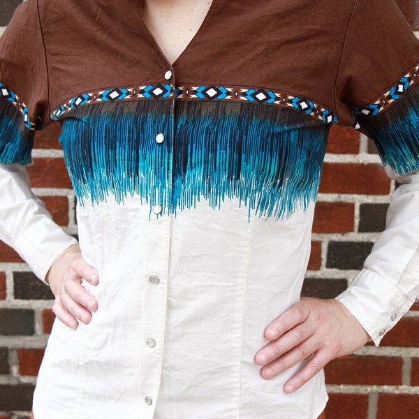 Western Boho Drop Waist Blue Stripe Blouse