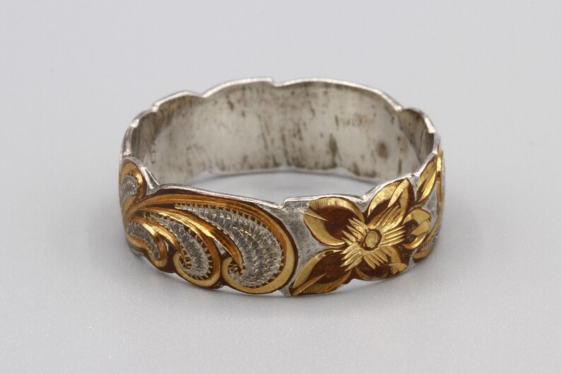 Mens Wedding Ring Hawaiian Flowers Ring Art Nouveau Look 925 Silver And Gold Ring Size 12 Etched Scroll Ring Sterling And 12K Gold