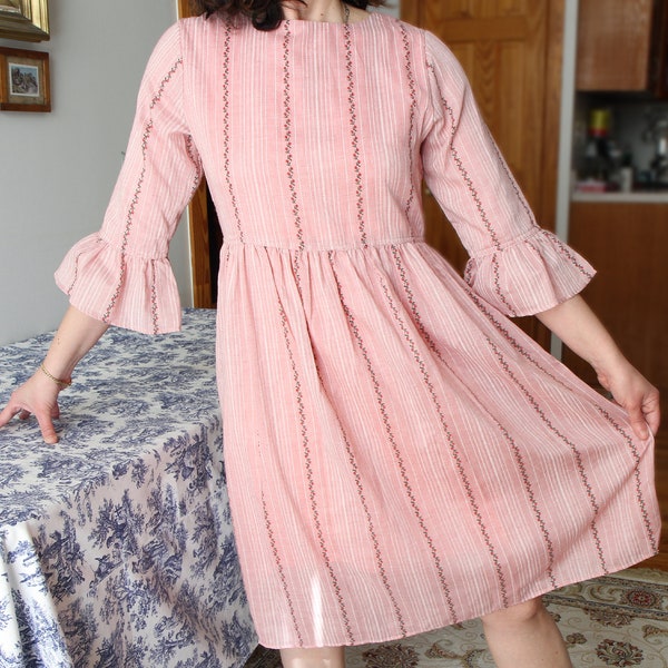 Pink And Red Cotton Floral Dress Size XS, Flowers And Stripes Romantic Dress, Ruffled Sleeves Prairie Dress, Cherry Design Spring Dress