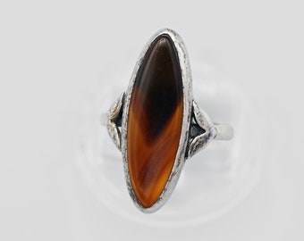 925 Silver Long Marquise Cut Agate Ring Size 6.5, Sterling Art Deco Ring, Antique Elongated Brown Agate Ring, Vintage Handmade Gemstone Ring