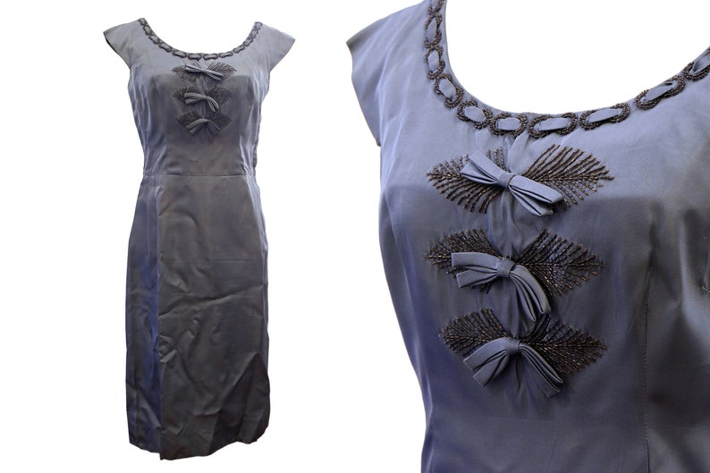 Blue Sleeveless Dress with Beaded Embroidery Flappers Cocktail Dress with Pockets Vintage 1930s Handmade Fancy Knee Length Dress Size S