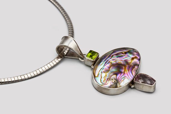 Sterling Multi Gemstone and Abalone Shell Pendant… - image 7