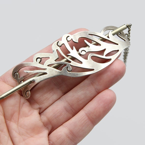 Large 925 Silver Hair Stick Barrette, Signed Eagle 2 Taxco Mexico, Sterling Ponytail Holder With Pick Cut Out Design, Native American Style