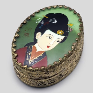 RARE Japanese Geisha Trinket Box With Mirror Lid, Hand Painted Oval Box, Miniature Jewelry Storage Box, Antique 1950s Asian Oriental Box