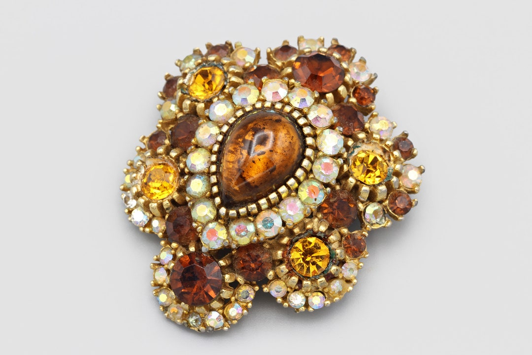 Brown and Orange Sparkling Glass Large Brooch, Dimensional Scalloped ...