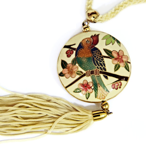 RESERVED NECKLACE Tassel Silk Rope, Bird Parrot Colorful Flowers Cloisonne Enamel Jewelry Art, Gold Yellow Off-White Tropical Ethnic Boho