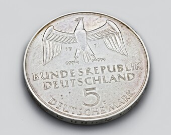 1971年ドイツ銀貨5マルク、5ドイツマルク硬貨、純度625の銀貨
