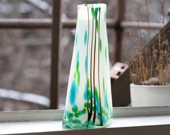 Large Hand Blown Art Glass Vase, Handmade 14" Tall Floral Vase, Pyramid Shaped Colorful Abstract Glass Vase, Speckled Confetti Glass Art