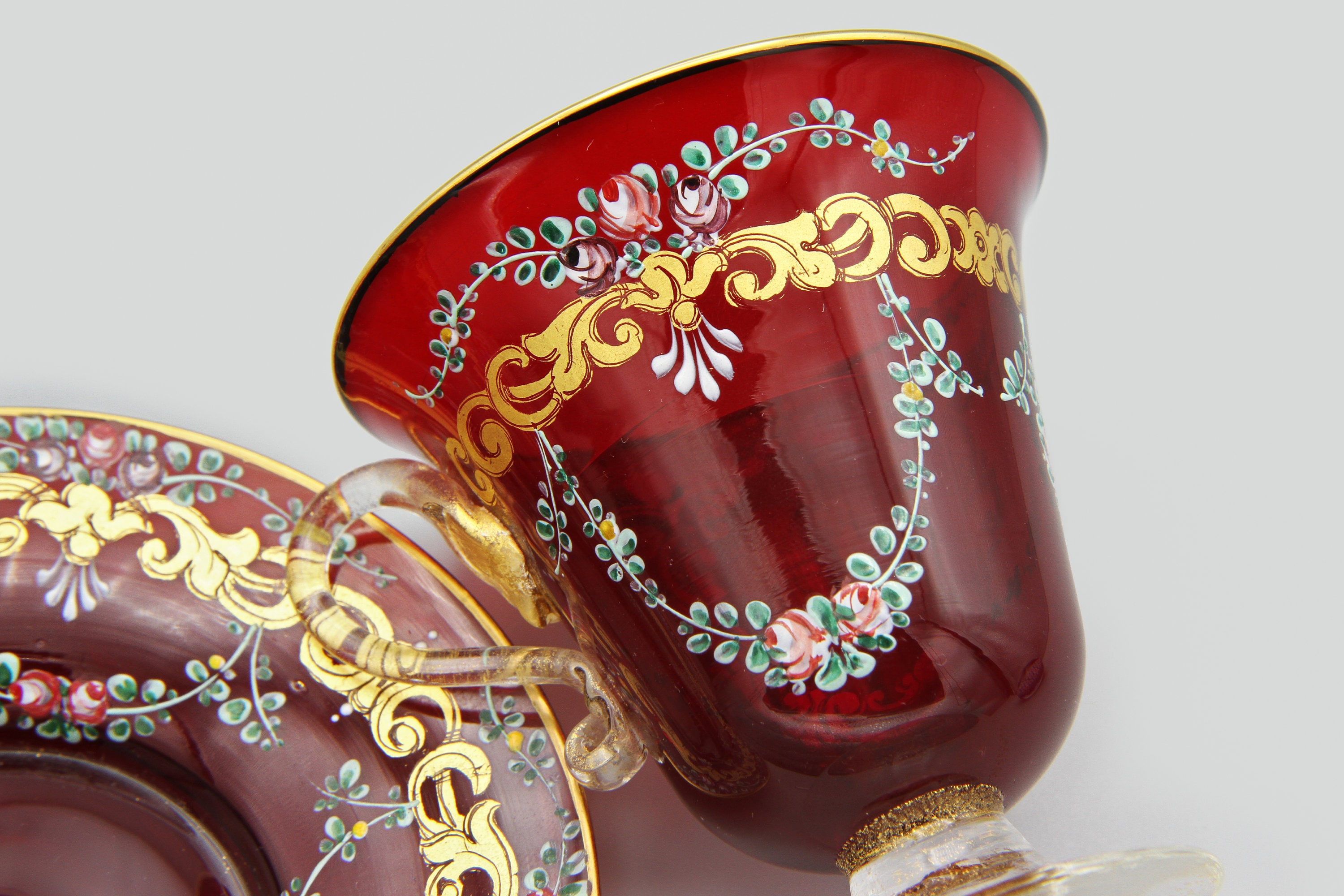 RARE Moser Salviati Venetian Murano Ruby Red Hand Painted Cup and