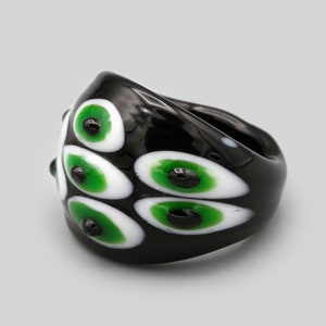 Handblown Glass Evil Eye Ring Size 9, Black And Green Statement Ring, Large Dome Shape Ring, Handmade Eyeball Ring, Bohemian Modern Jewelry