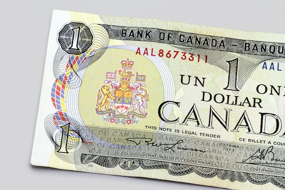 旧紙幣　カナダドル 1973年カナダ1ドル紙幣、カナダ銀行エリザベス2世女王、1ドル紙幣