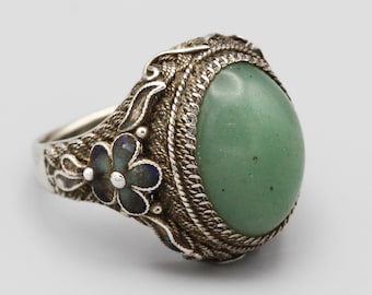 Chinese Export Nephrite Jade Ring Size 7.75 Adjustable, Colorful Enamel Flowers Ring, Sterling Silver Large Filigree Ring, Old Asian Jewelry