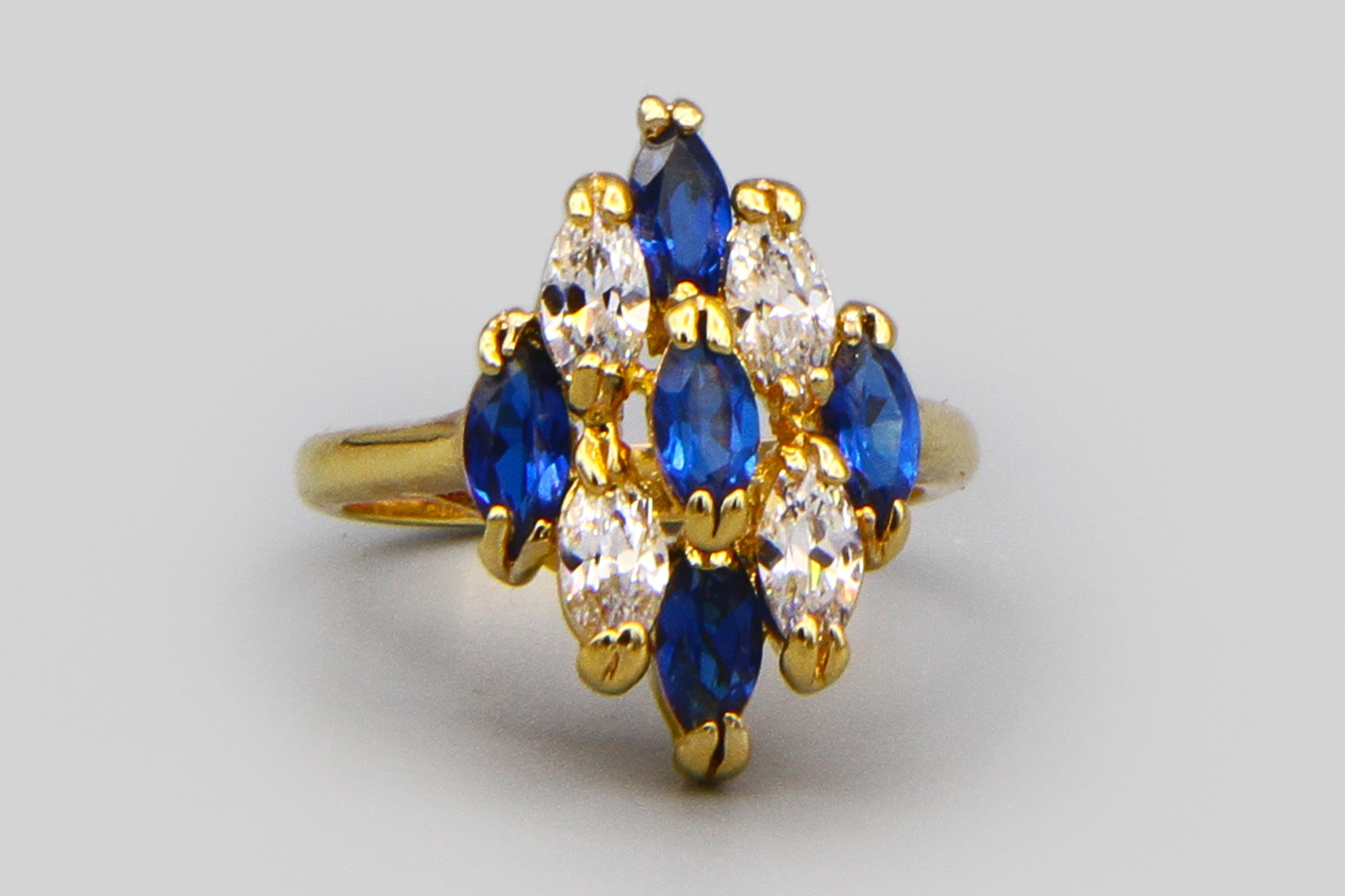 LIND 14K HGE Gold Plated Cocktail Ring Size 6, Blue CZ Cluster Ring, Cubic Zirconia Sparkling Ring, Vintage Fancy Jewelry, Engagement Ring