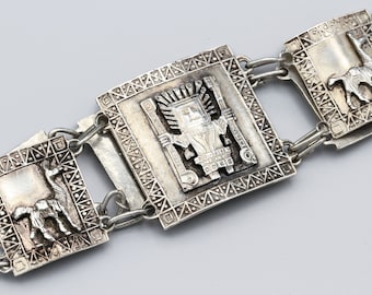 Antique 900 Sterling Silver Panel Link Bracelet, Llama And Inca Wiracocha God, Folk Ethnic Andean Peru Jewelry, Wide Silver Aztec Bracelet