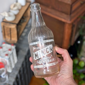 RARE Antique Heavy Minck Glass Soda Pop Bottle, Vintage Clear Glass Embossed Bottle, Found In New York USA, Beveled Glass Beverage Bottle