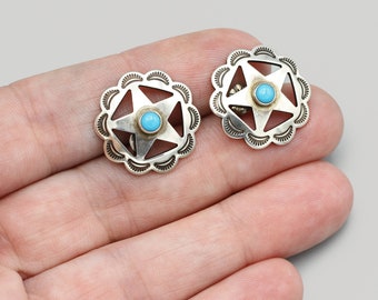 Sterling Silver Teal Star Earrings, Concho Floral Stud Earrings With Turquoise Accent, Sterling Dome Earrings, Cut Out Silver Star Earrings