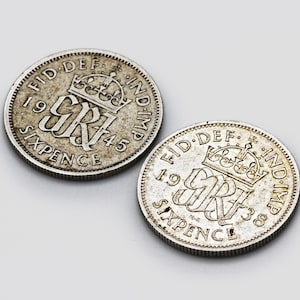 Pair of 1938 and 1945 Six Pence Coin, UK King George VI Emperor, Silver 500 High Grade Sixpence Coin, Lucky Sixpence Indian Coin, World Coin