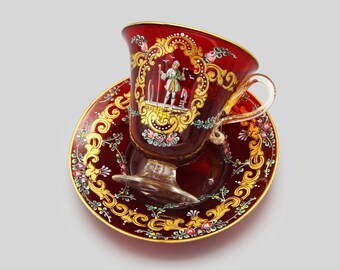 RARE Moser Salviati Venetian Murano Ruby Red Hand Painted Cup and