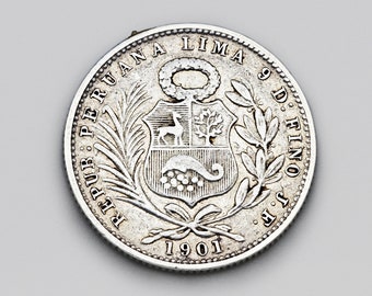 RARE 1901 JF Peru 1/5 Sol Coin, High Grade 900 Silver Coin, Low Mintage Republic of Peru Lima 1,5 Sol, Wreath Above Arms, Seated Liberty